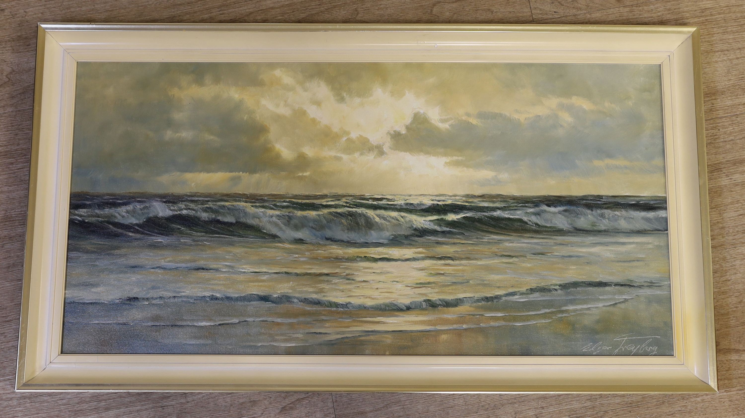 Edgar Freyberg (1927-2017), oil on canvas, Waves breaking on the shore, signed, 40 x 80cm